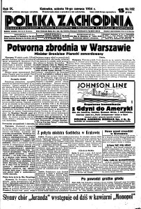 Pierwsza strona gazety „Polska Zachodnia” z 16 czerwca 1934 r., informująca o zabójstwie