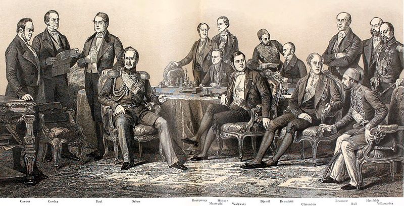 Sygnatariusze traktatu. Siedzą, od lewej: Orłow, Walewski, Clarendon i Ali Pasza