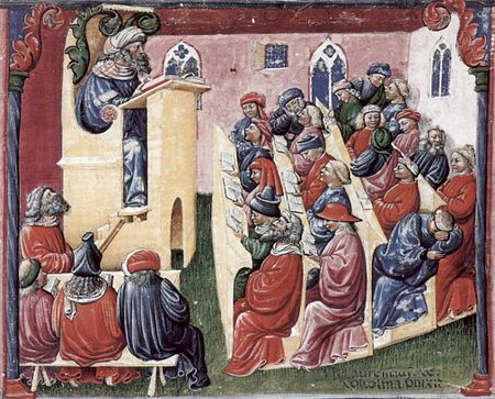 Wykład uniwersytecki (ilustracja z połowy XIV w.)