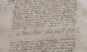 Autograf Stanisława Augusta Poniatowskiego w księdze chrztów parafii Smardzowice