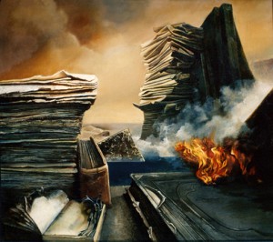 Pożar biblioteki, 1997, aut. Andrzej Kołpanowicz
