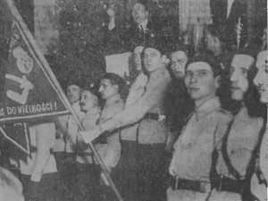 Zjazd członków Stronnictwa Narodowego (SN) w Poznaniu w 1937 roku. Na proporczyku trzymanym przez jednego z członków widać symbol "Falangi"