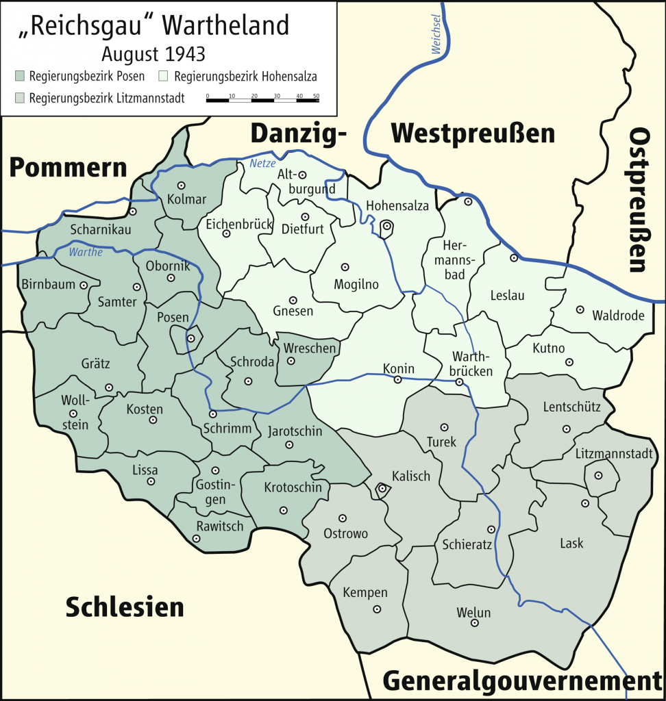 Mapa Kraju Warty (Wielkopolski) podczas okupacji niemieckiej
