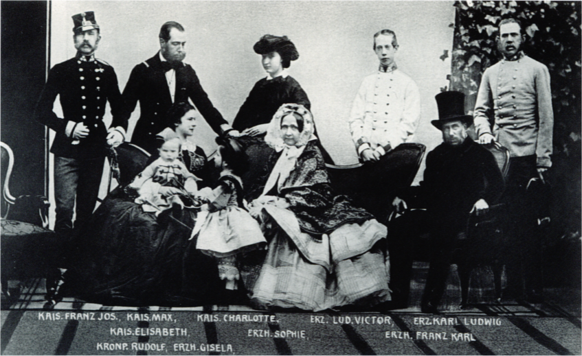 Franciszek Józef (z lewej) z żoną, dziećmi (arcyksiężniczką Gizelą i arcyksięciem Rudolfem) oraz innymi członkami rodziny, 1861